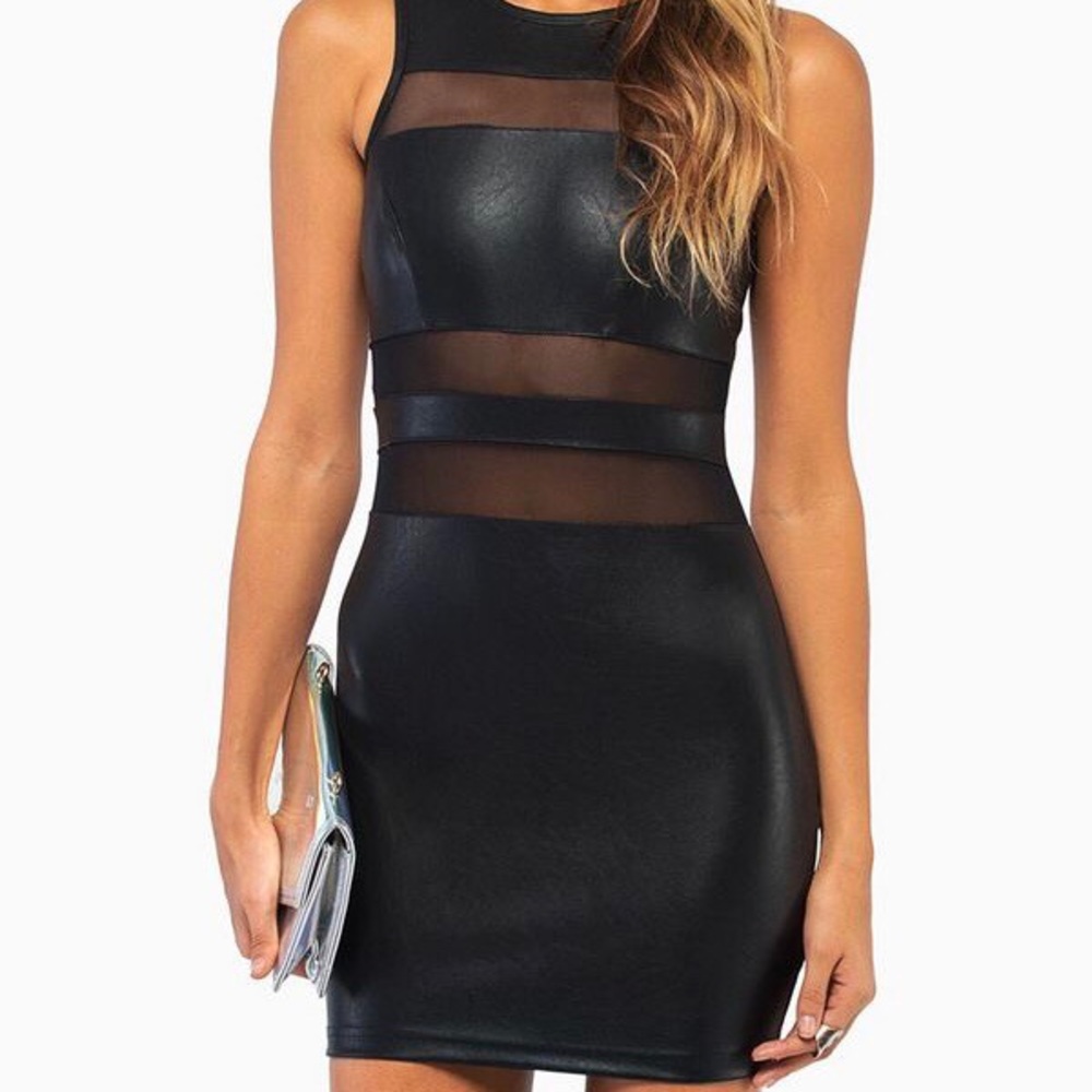 Tobi faux-leather & mesh bodycon dress XS